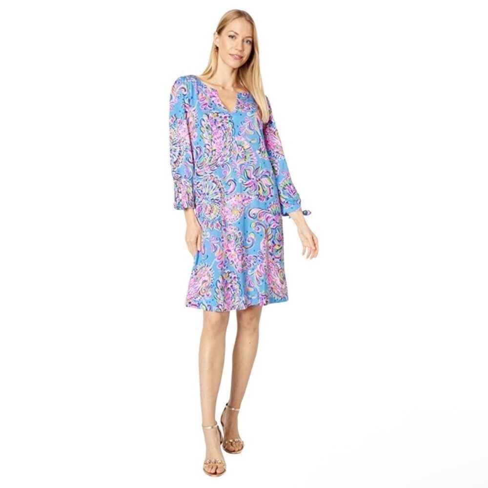 Lilly Pulitzer Cath Dress Women’s Sz Small Mermaid Grotto 3/4 Tie Sleeve Casual